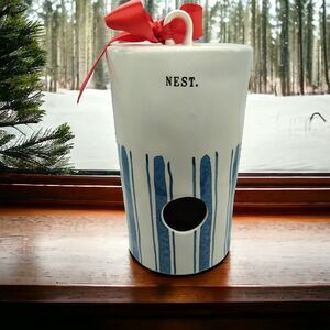 Rae Dunn Artisan Birdhouse Nest Cylinder Denim Blue Stripe 2018 VHTF